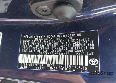 2021 Toyota Corolla Le из США, поврежденный, VIN 5YFEPMAE3MP186468